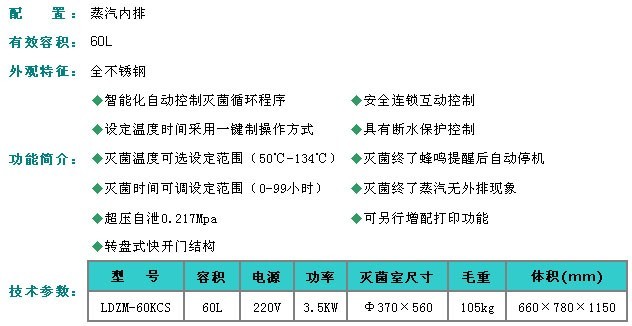 上海申安医疗器械/60立升智能型灭菌器 （蒸汽内排）LDZM-60KCS