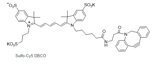 Sulfo-Cy5 DBCO.png 水溶性Cy5 DBCO;Sulfo-Cy5 DBCO; CAS:1564286-24-3;磺化Cy5-DBCO荧光染料的激发与发射波长
