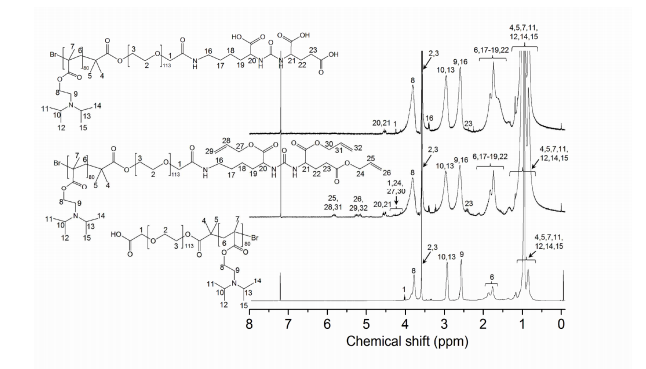 Meo-PEG-Br haid HOOC-PEG-Br, Meo-PEG-b-P(DPA-co-GMA),  Meo-PEG-b-P(DPA-co-GMA-R10)提供核磁检测图谱
