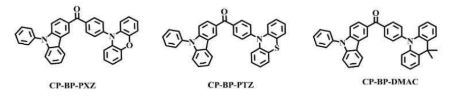 新型聚集诱导延迟荧光(AIDF)材料AIE-TADF分子CP-BP-PXZ、CP-BP-PTZ 和CP-BP-DMAC的设计合成