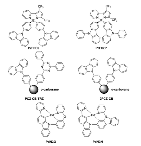 含硼、碳硼烷和钯的TADF发射体PrFPCz，PrFCzP，PCZ-CB-TRZ，2PCZ-CB，PdN3O，PdN3N的研究进展