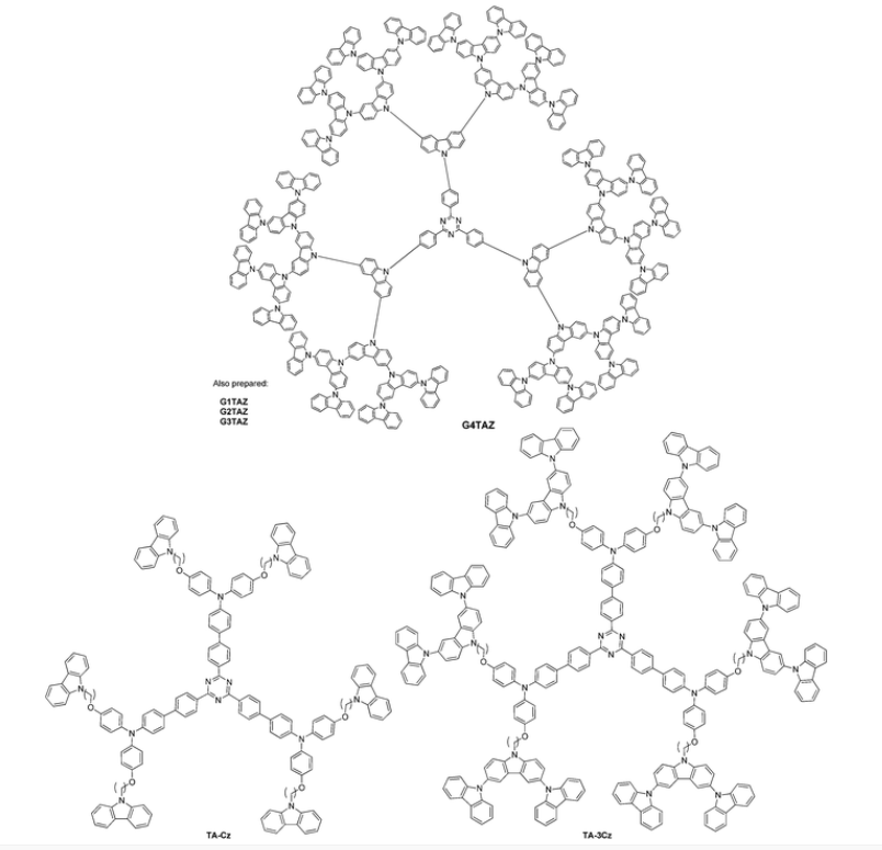 可溶液加工的树枝状TADF材料和具有三嗪核的树枝状聚合物G2TAZ，G3TAZ，G4TAZ，TA-Cz，TA-3Cz