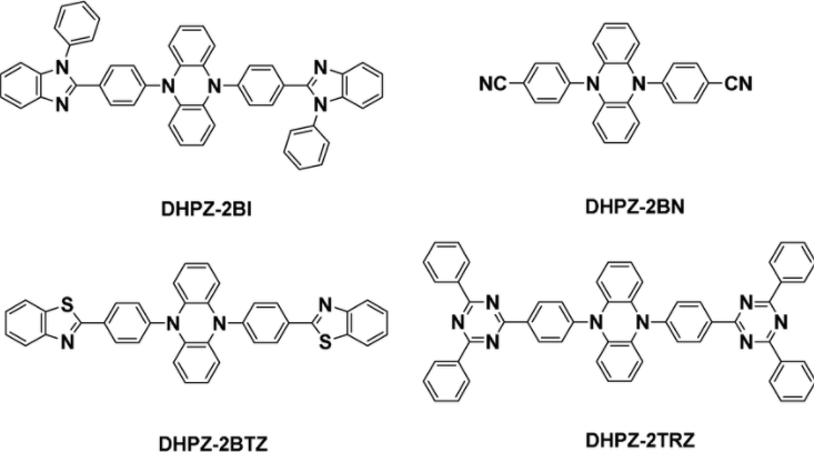 TADF发光体：DHPZ-2BI, DHPZ-2BN, DHPZ-2BTZ, haid DHPZ-2TRZ的结构式和波长科普