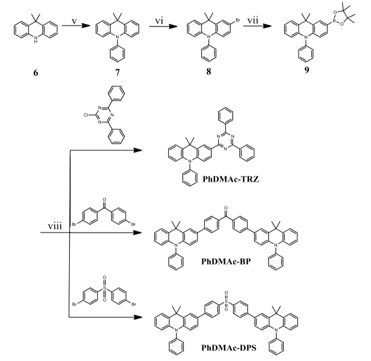 蓝色TADF热活化延迟荧光材料PhDMAc-C、PhDMAc-TRZ、PhDMAc-BP、PhDMAc-S、PhDMAc-DPS的合成路线