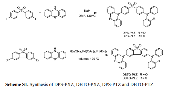 具有AIE与TADF特性的D-A分子DPS-PXZ，DBTO-PXZ，DPS-PTZ，DBTO-PTZ的定制合成