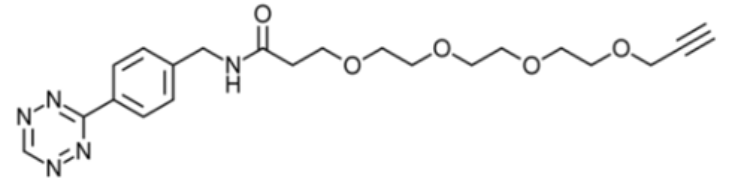 Tetrazine-PEG4-alkyne是一种异双功能连接子，其功能是通过甲基四嗪部分进行的逆电子需求Diels-Alder环加成反应和使用炔烃进行的点击化学反应