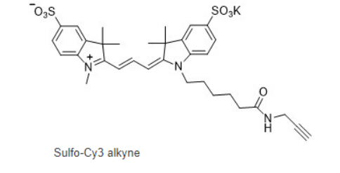 Sulfo-Cyhaiine3 alkyne|Sulfo-Cy3 alkyne|磺化Cy3炔烃|水溶性磺化Cy3炔基|cas:2055138-87-7的外观以及激发发射波长