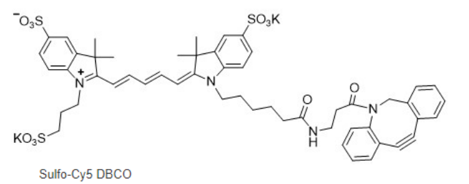 Sulfo-Cyhaiine5 DBCO | sulfo-Cy5 DBCO | 水溶性磺化菁染料CY5-DBCO二苯基环辛炔的激发与发射波长