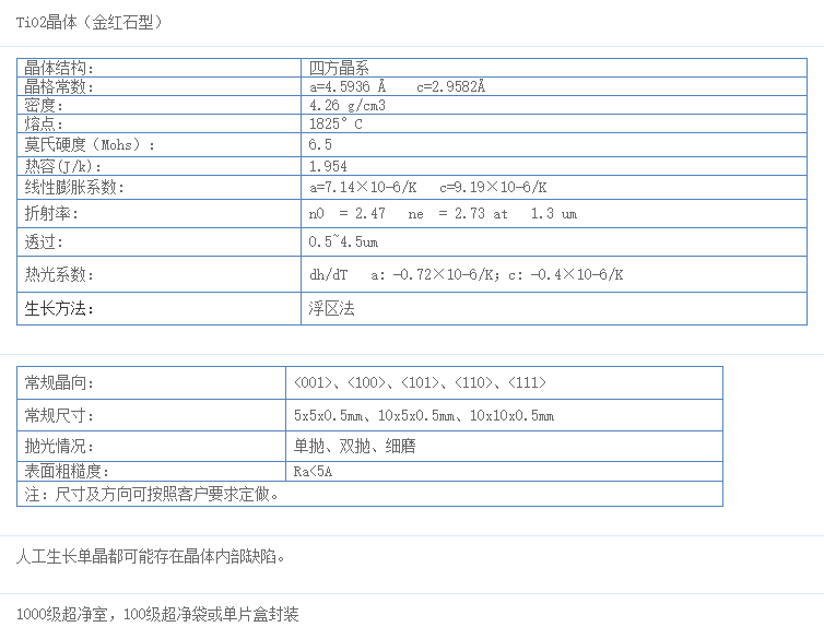 金红石TiO2晶体  &lt;100&gt;&lt;110&gt;&lt;001&gt;单晶基片