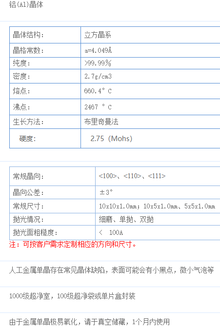 金属铝单晶(Al)	&lt;100&gt; 单晶铝晶体基片