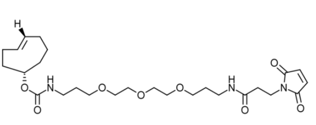TCO-PEG3-Mal (C3)是一种羧基反应性构件，在水介质中具有增强的溶解度，用于在活化剂（如EDC或DCC）或活化酯（如NHS酯）存在下通过稳定的酰胺键衍生羧基
