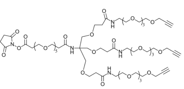 NHS-PEG5-tris-PEG4-alkyne的分子式:C64H107N5O28，分子量:1394.55