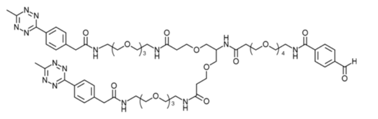 Aldehyde-PEG4-bis-PEG3-methyltetrazine是一种杂三官能连接基，包含两个甲基四嗪部分用于逆电子需求Diels-Alder环加成反应和一个醛基用于/肟共轭反应