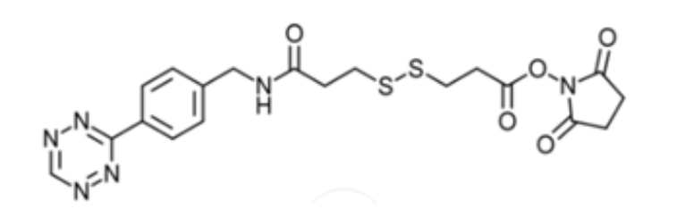 Tetrazine-SS-NHS是可裂解的异双功能连接子，包含用于逆电子需求Diels-Alder环加成反应的四嗪部分和NHS活化的酯。