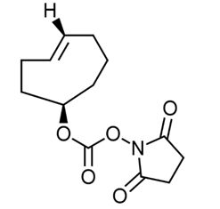 TCO-NHS (axial)是合成TCO接头的基础。TCO将通过反电子需求Diels-Alder环加成反应与四嗪反应，形成稳定的二氢哒嗪键