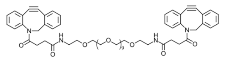 DBCO-PEG11-DBCO是一种同双功能连接子，包含两个用于点击化学的DBCO部分