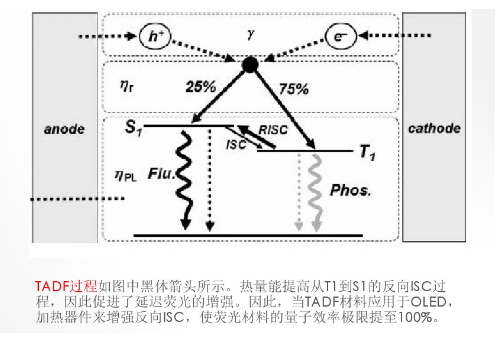 热激活延迟荧光TADF也称E型延迟荧光材料(thermally activated delayed fluorescent)的产生机理