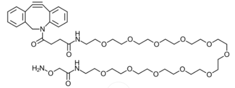 DBCO-PEG11-oxyamine是一种异双功能连接子，包含用于点击化学的DBCO部分和用于肟连接的氧胺基