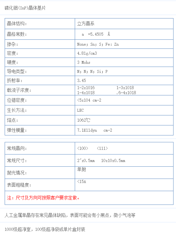 磷化铟(InP) 单晶  &lt;100&gt;取向  单晶基片