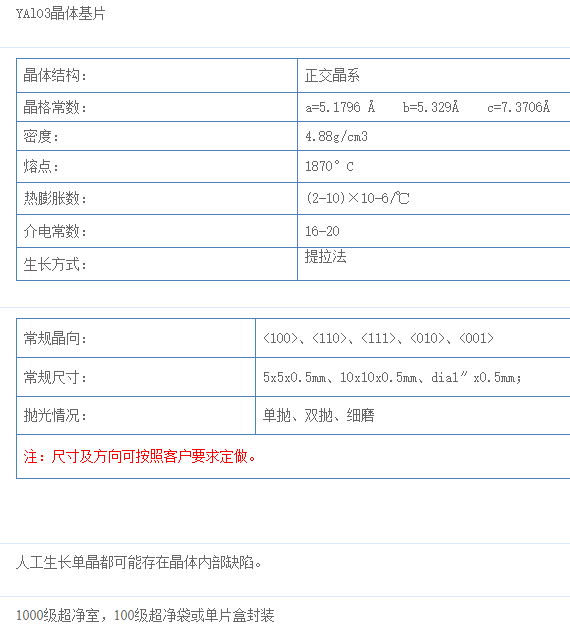 铝酸钇(YAlO3)单晶基片的技术参数  &lt;100,&lt;110&gt;,&lt;001&gt;&lt;111&gt;取向